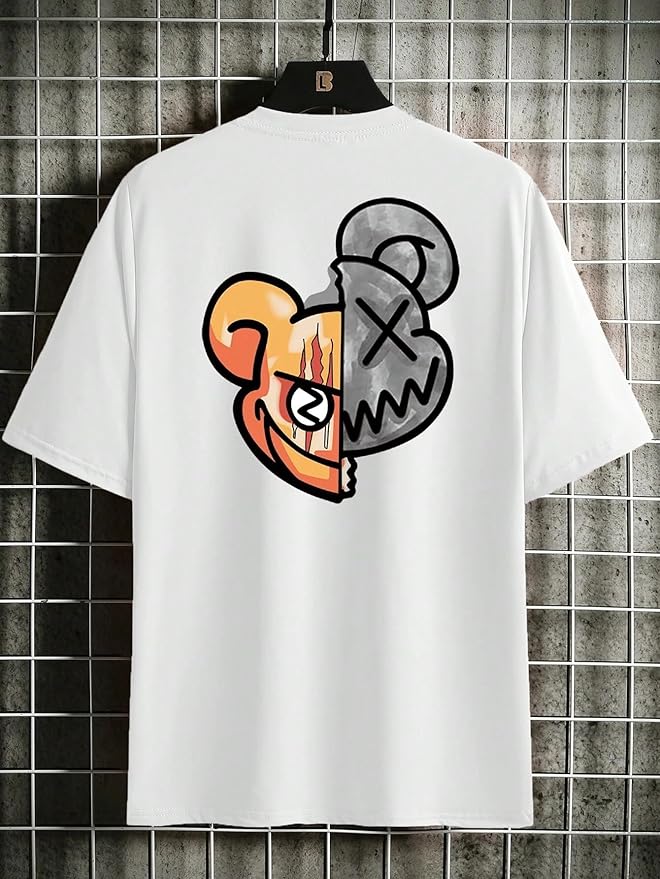 Minimalist White T-Shirt with Split Teddy Bear Chest Print