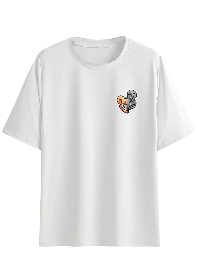 Minimalist White T-Shirt with Split Teddy Bear Chest Print