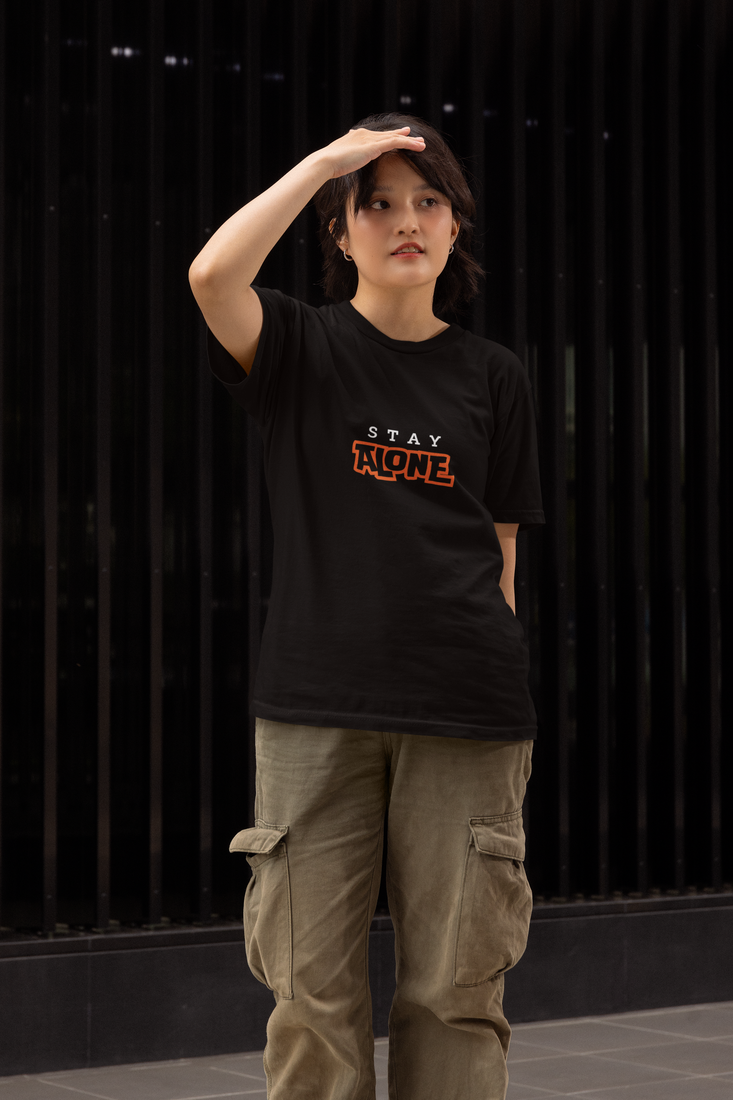 "STAY ALONE" Blue Graphic T-Shirt | Bold Statement Tee for Women