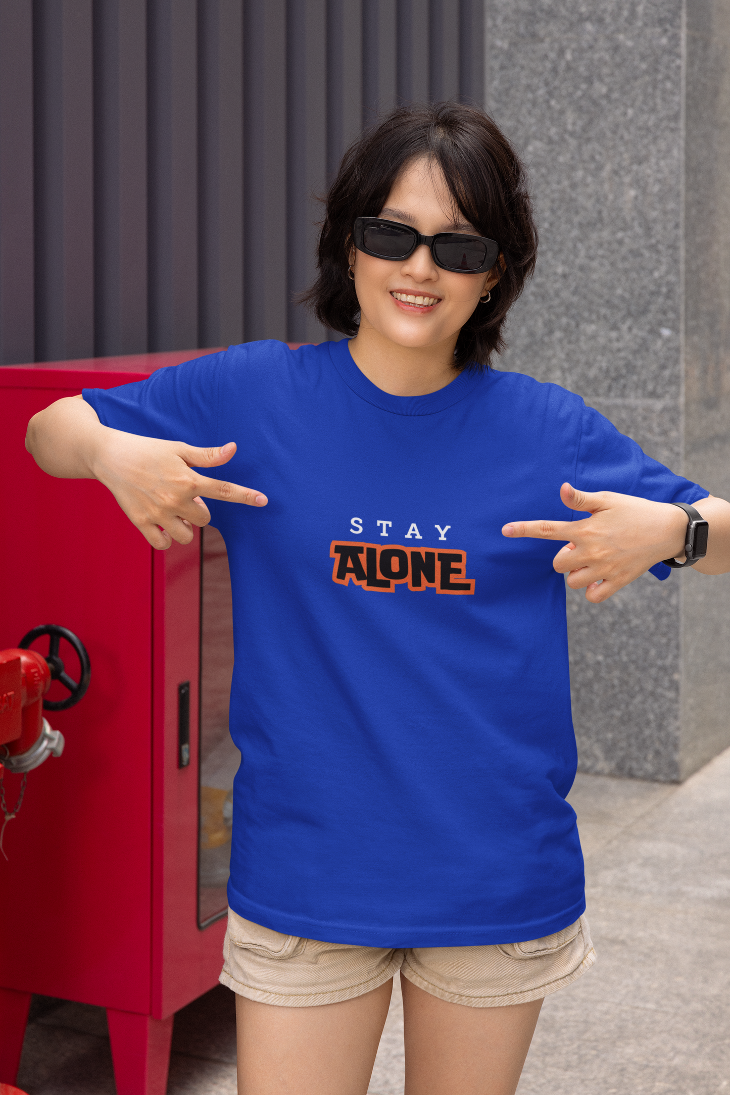 "STAY ALONE" Blue Graphic T-Shirt | Bold Statement Tee for Women