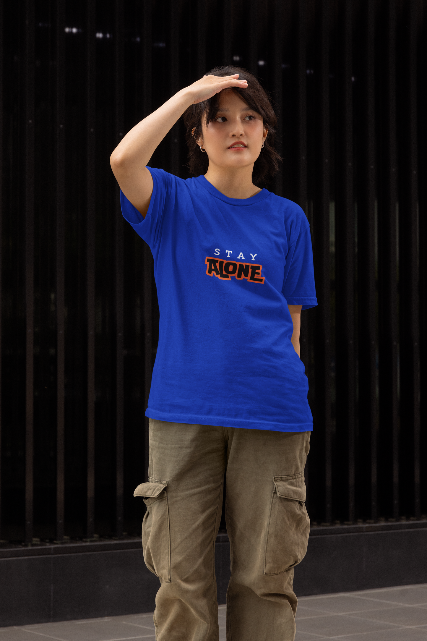 "STAY ALONE" Blue Graphic T-Shirt | Bold Statement Tee for Women