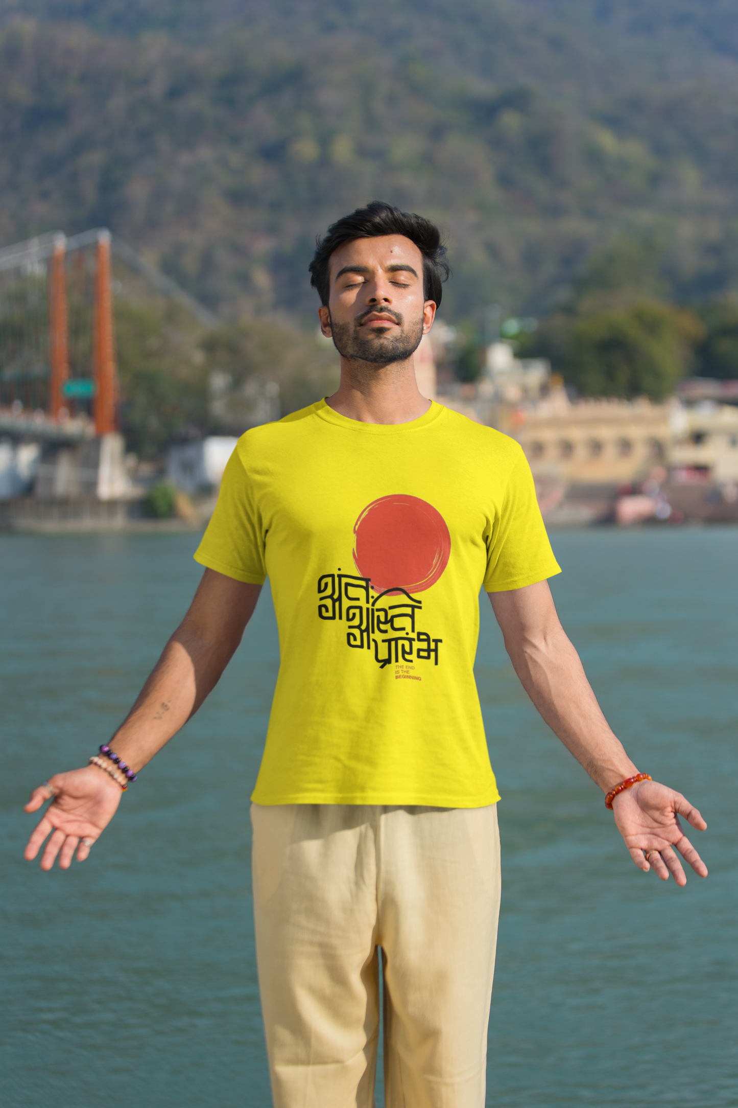 "शुभारंभ" Yellow Graphic T-Shirt | Traditional Hindi Calligraphy Tee