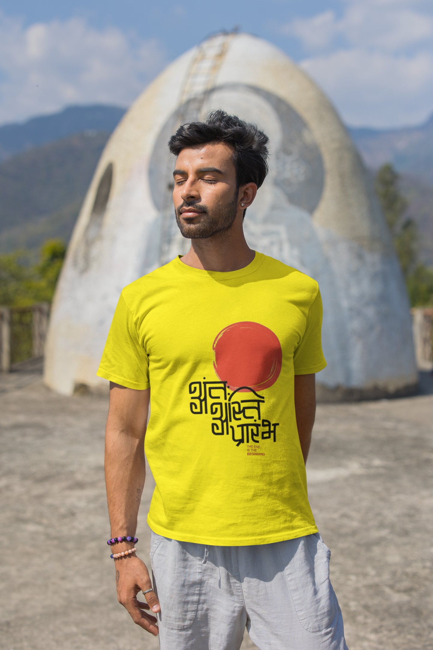 "शुभारंभ" Yellow Graphic T-Shirt | Traditional Hindi Calligraphy Tee