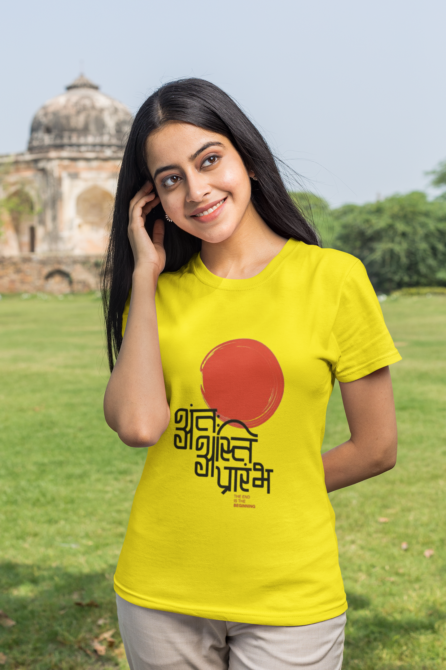 "शुभारंभ" Yellow Graphic T-Shirt | Traditional Hindi Calligraphy Tee