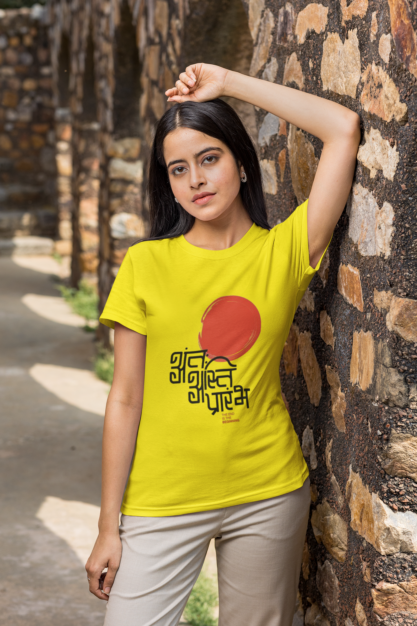 "शुभारंभ" Yellow Graphic T-Shirt | Traditional Hindi Calligraphy Tee