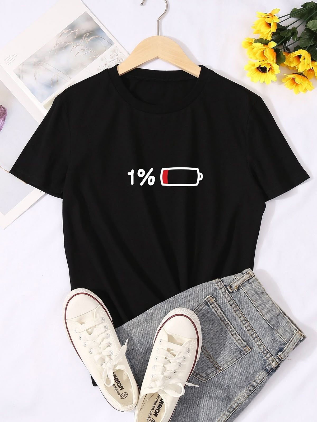 "1% Battery" Funny Graphic T-Shirt for Women & Men | Lazy Mood Unisex Tee