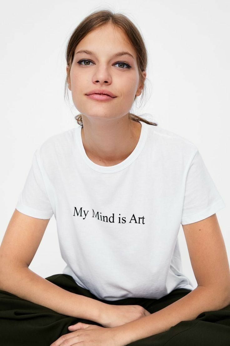 “My Mind is Art” Printed White T-Shirt for Women | Minimal & Aesthetic Tee