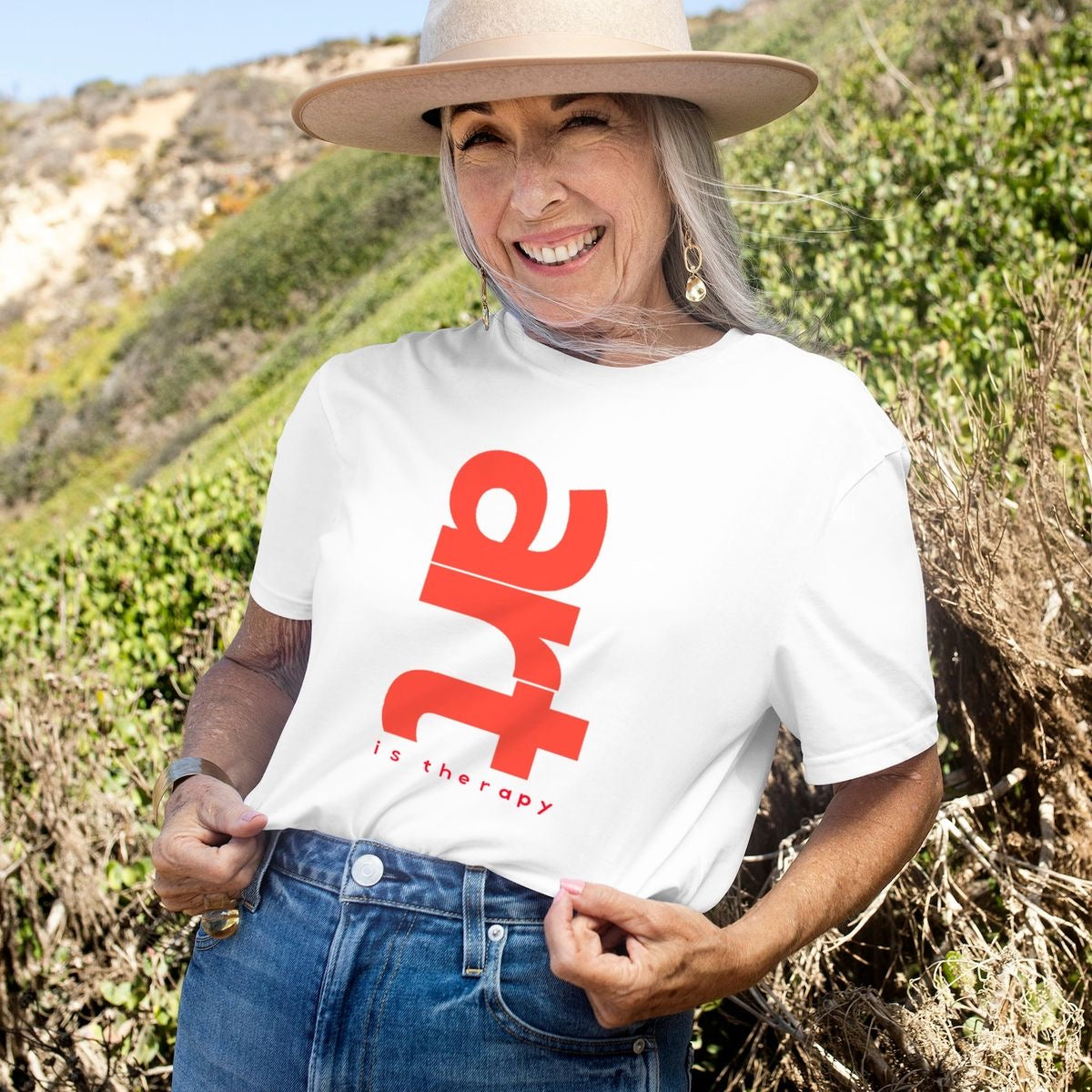 “Art is Therapy” White Graphic T-Shirt for Women | Bold Vertical Red Print