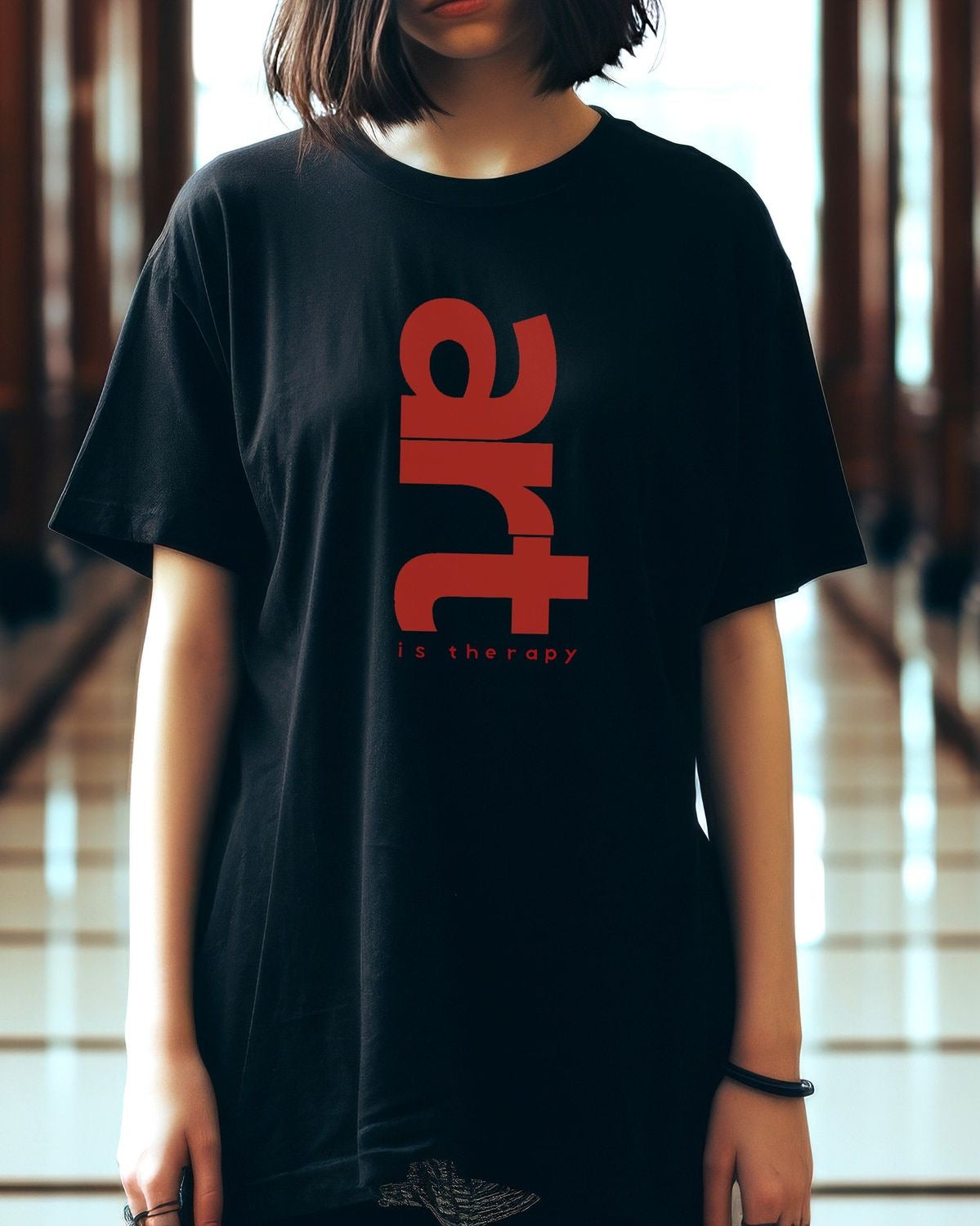 “Art is Therapy” White Graphic T-Shirt for Women | Bold Vertical Red Print