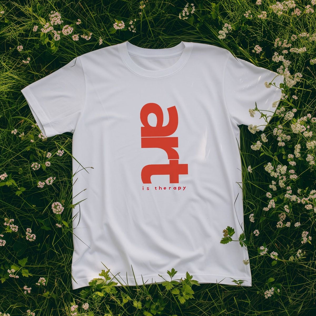 “Art is Therapy” White Graphic T-Shirt for Women | Bold Vertical Red Print