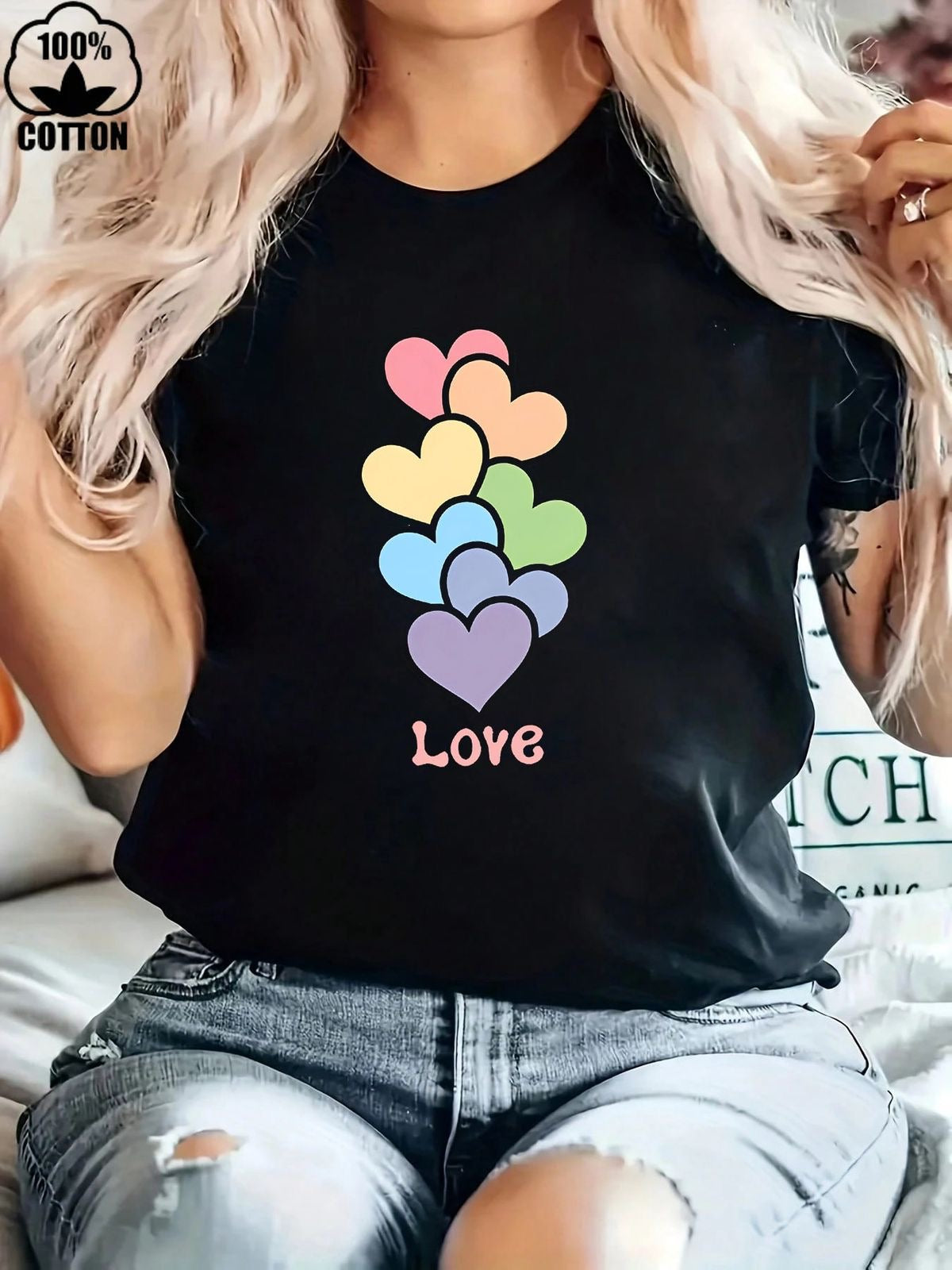 Black T-Shirt with Pastel Heart Cluster & “Love” Print – 100% Cotton
