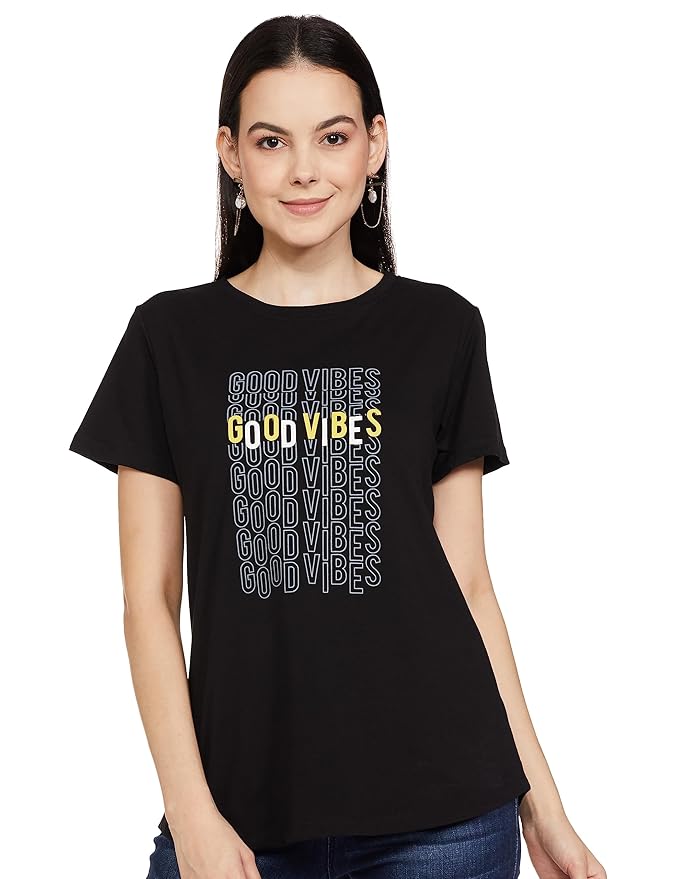 Black “Good Vibes” Repeat Print Cotton T-Shirt