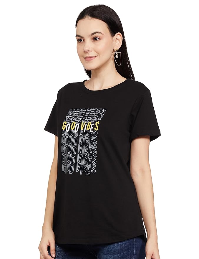 Black “Good Vibes” Repeat Print Cotton T-Shirt