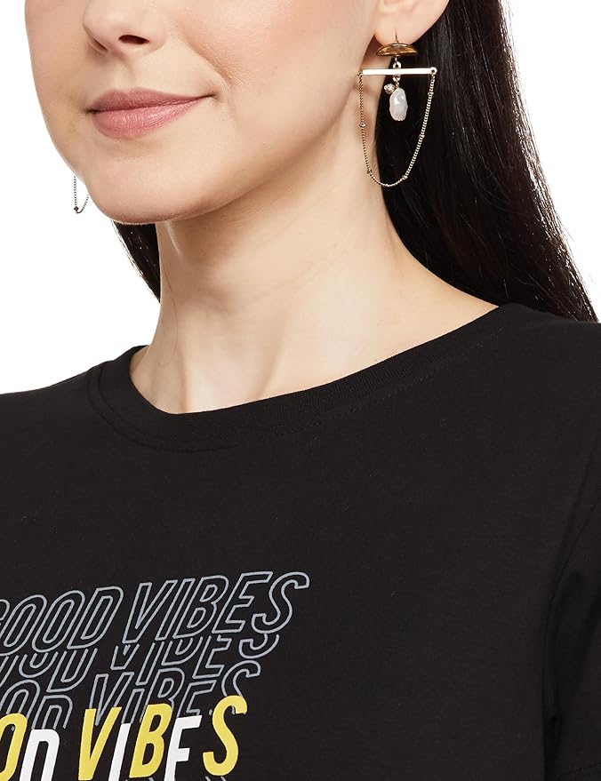 Black “Good Vibes” Repeat Print Cotton T-Shirt