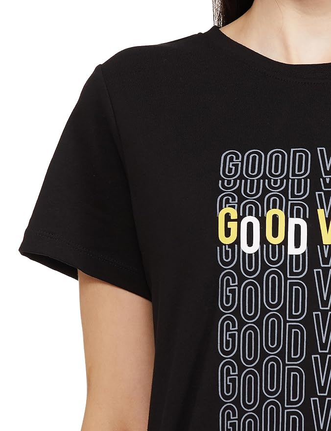 Black “Good Vibes” Repeat Print Cotton T-Shirt