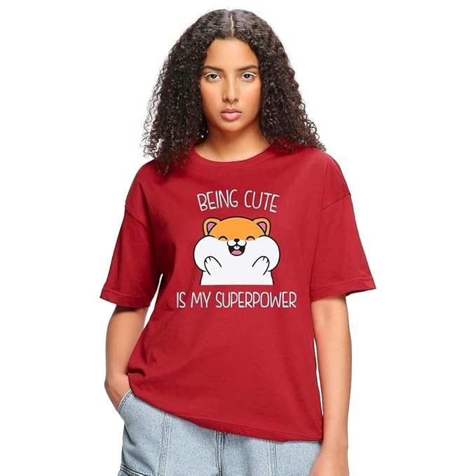 “Being Cute is My Superpower” Red Cartoon Graphic T-Shirt