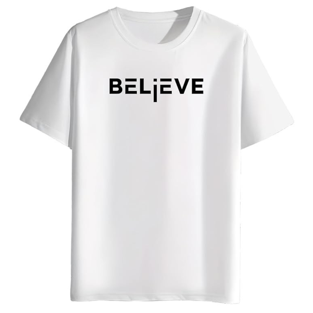 "BELIEVE" Inspirational Graphic T-Shirt – Bold Red Edition