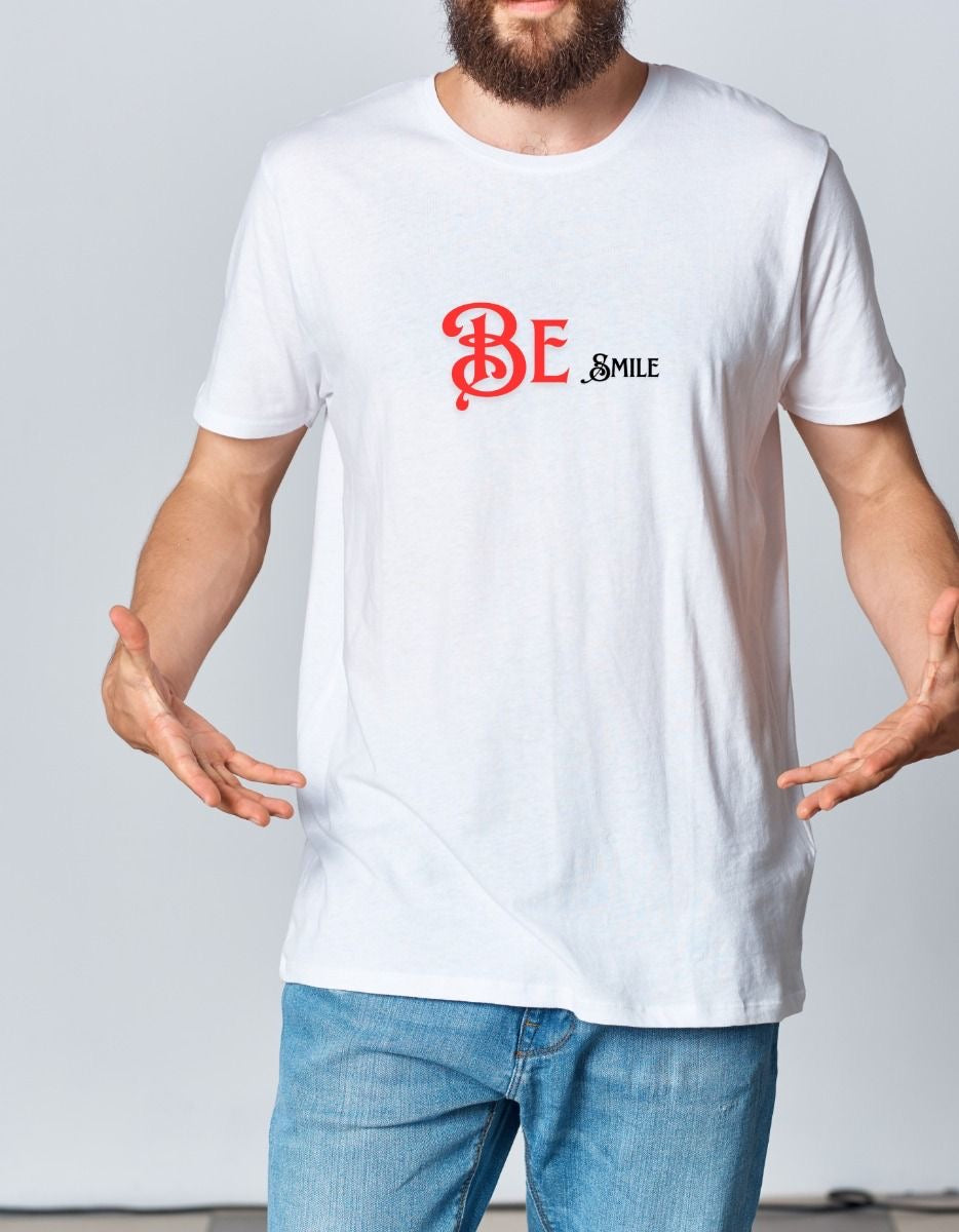 “Be Smile” Typography White T-Shirt – Uplifting Minimal Design