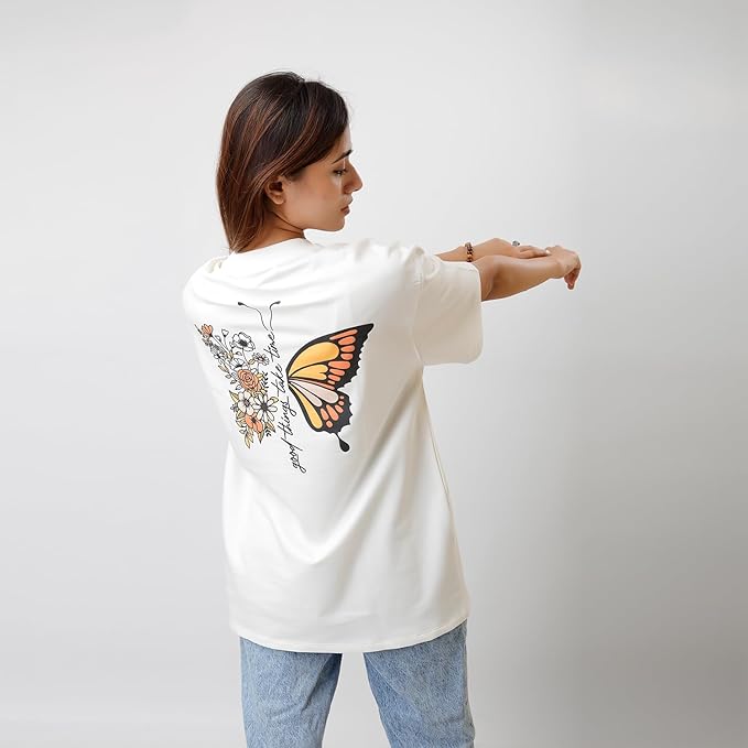 Women's Oversized White T-Shirt – Butterfly Chest Print