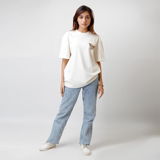 Women's Oversized White T-Shirt – Butterfly Chest Print