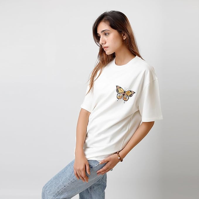 Women's Oversized White T-Shirt – Butterfly Chest Print