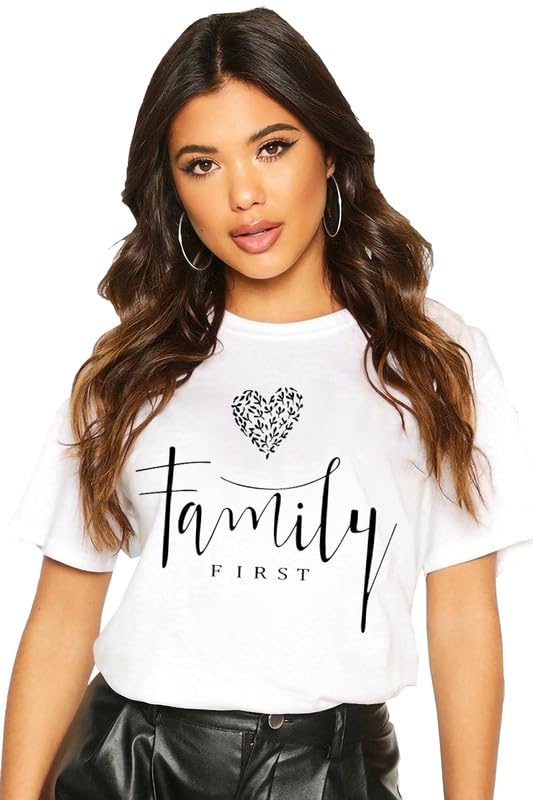 White Cotton T-Shirt – "Family First" with Heart Design