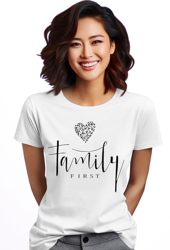 White Cotton T-Shirt – "Family First" with Heart Design