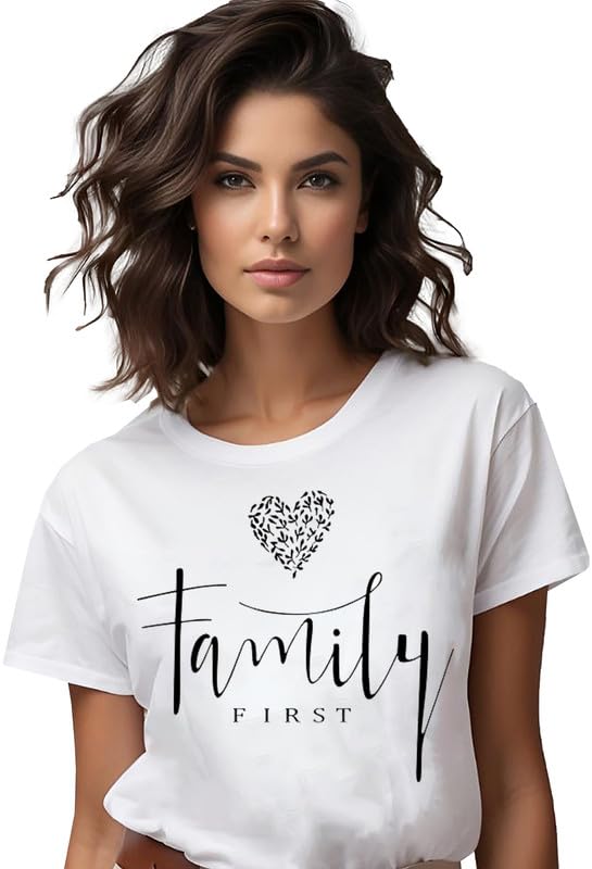 White Cotton T-Shirt – "Family First" with Heart Design