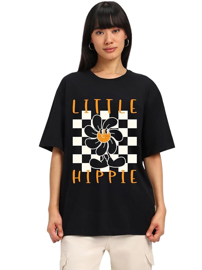 Black Oversized T-Shirt – "Little Hippie" Retro Flower Print