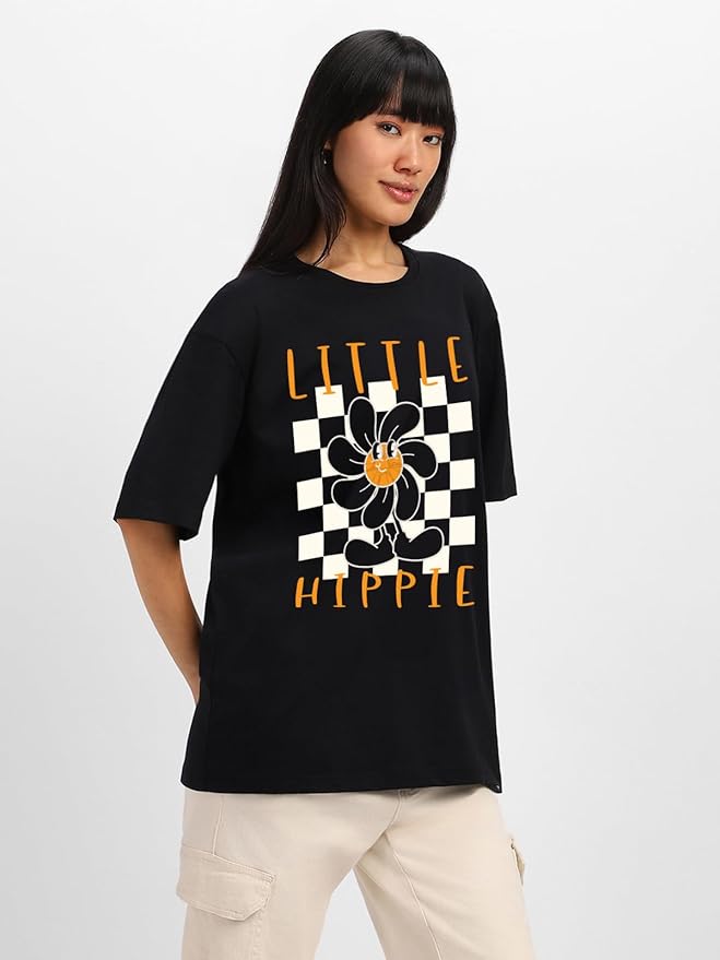 Black Oversized T-Shirt – "Little Hippie" Retro Flower Print