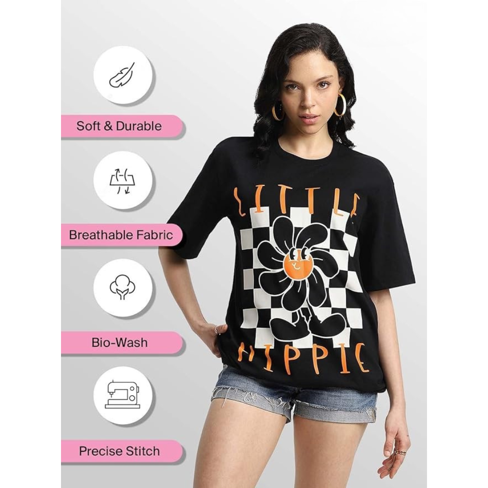 Black Oversized T-Shirt – "Little Hippie" Retro Flower Print