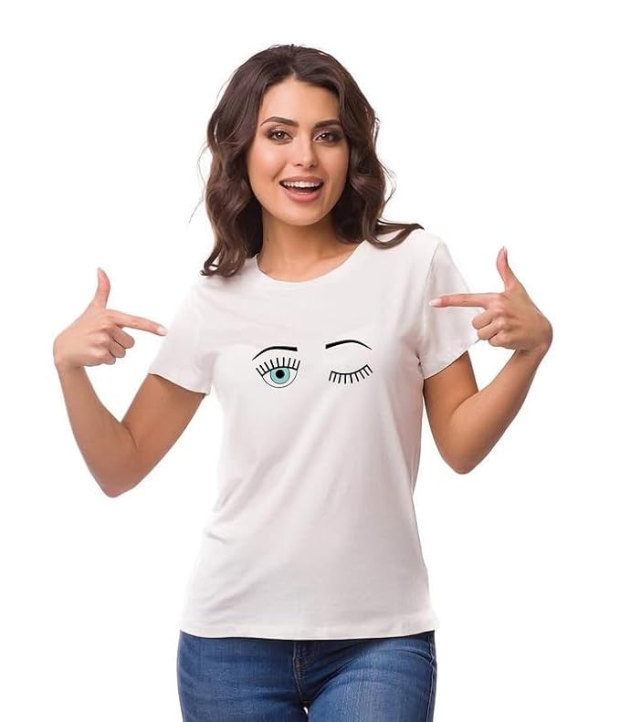 Women's White Cotton T-Shirt – Winking Eye Graphic Print
