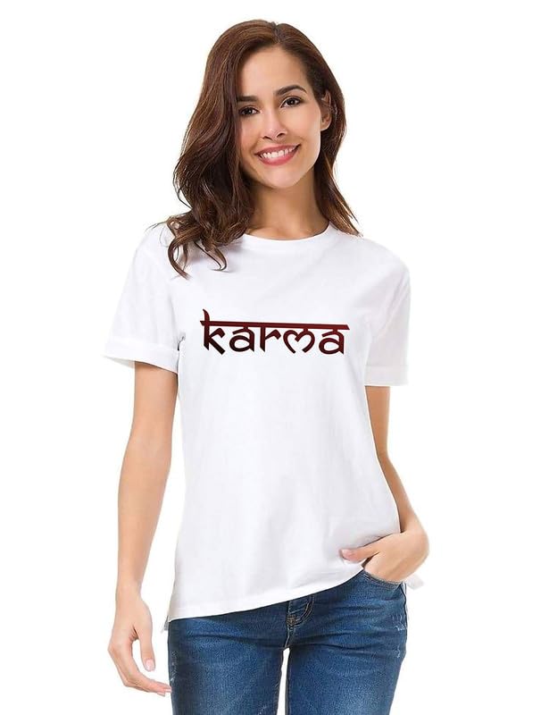 Women's White Printed T-Shirt with "Karma" Design – Casual Cotton Tee