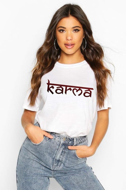 Women's White Printed T-Shirt with "Karma" Design – Casual Cotton Tee