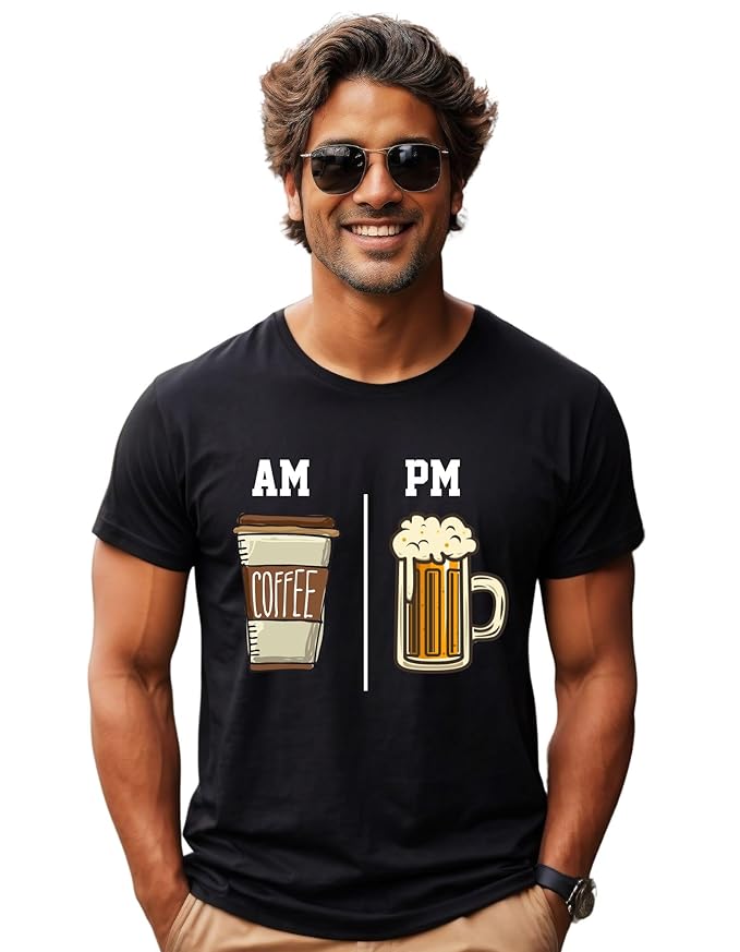 "AM Coffee PM Beer" Graphic Printed T-Shirt – Casual Fit | Black | Cotton
