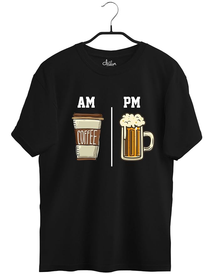 "AM Coffee PM Beer" Graphic Printed T-Shirt – Casual Fit | Black | Cotton
