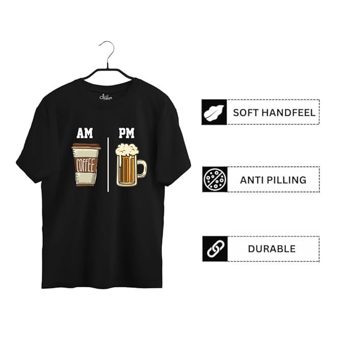 "AM Coffee PM Beer" Graphic Printed T-Shirt – Casual Fit | Black | Cotton