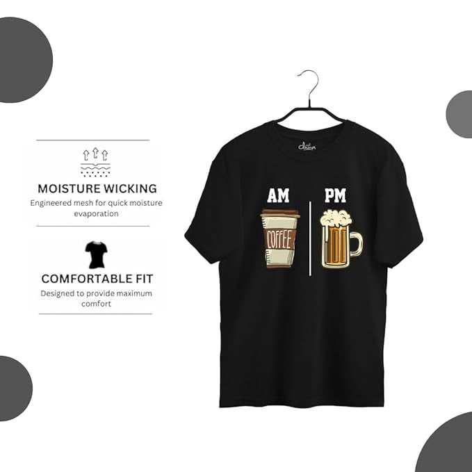 "AM Coffee PM Beer" Graphic Printed T-Shirt – Casual Fit | Black | Cotton