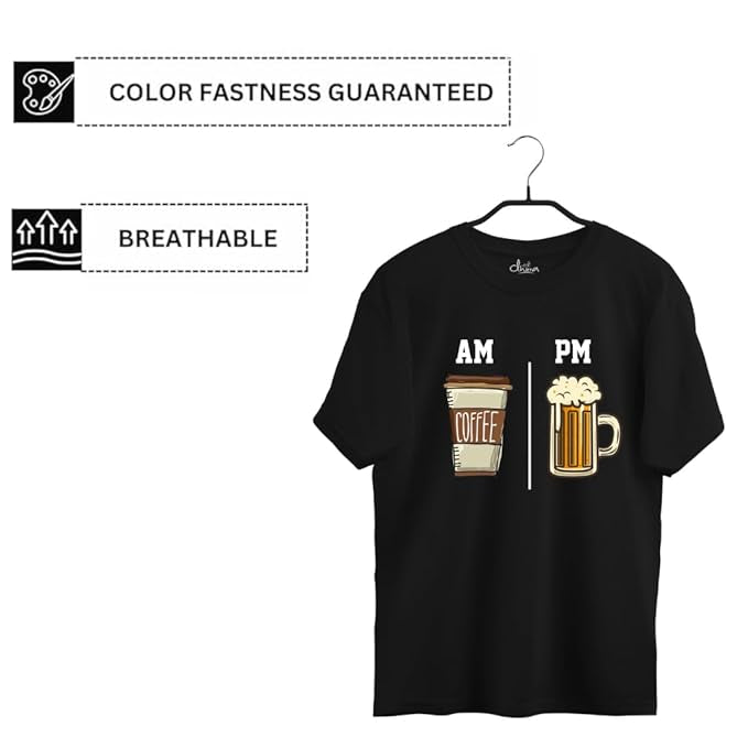 "AM Coffee PM Beer" Graphic Printed T-Shirt – Casual Fit | Black | Cotton