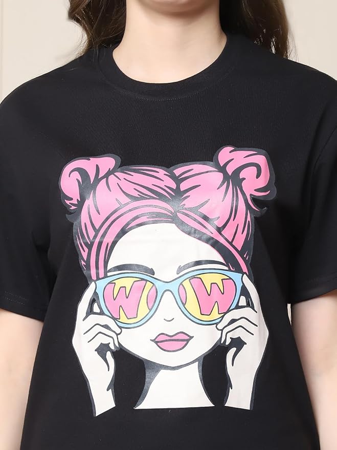 "Wow Girl Graphic T-Shirt with Denim Shorts – Street Chic Look"