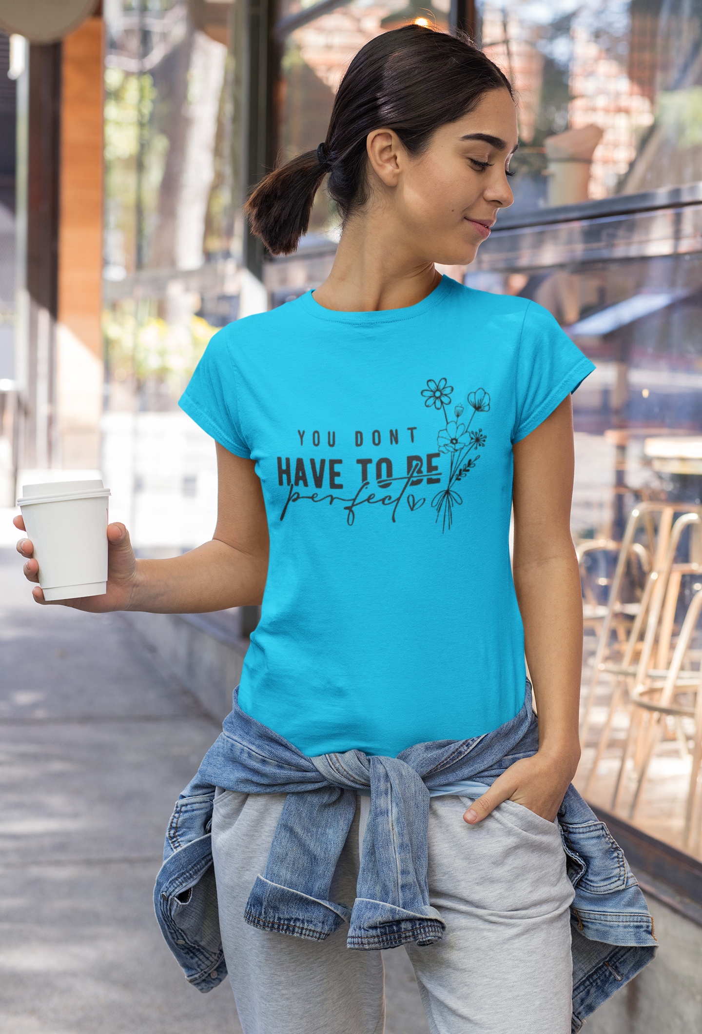 White Inspirational Quote T-Shirt – “You Don’t Have To Be Perfect” Floral Print Tee