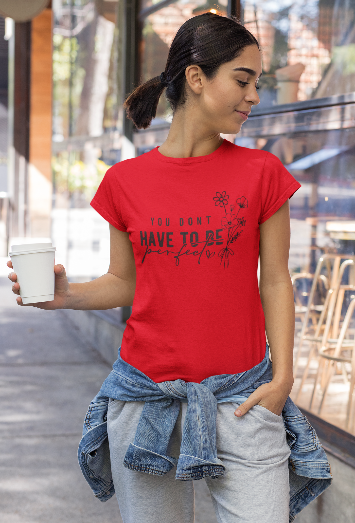 White Inspirational Quote T-Shirt – “You Don’t Have To Be Perfect” Floral Print Tee