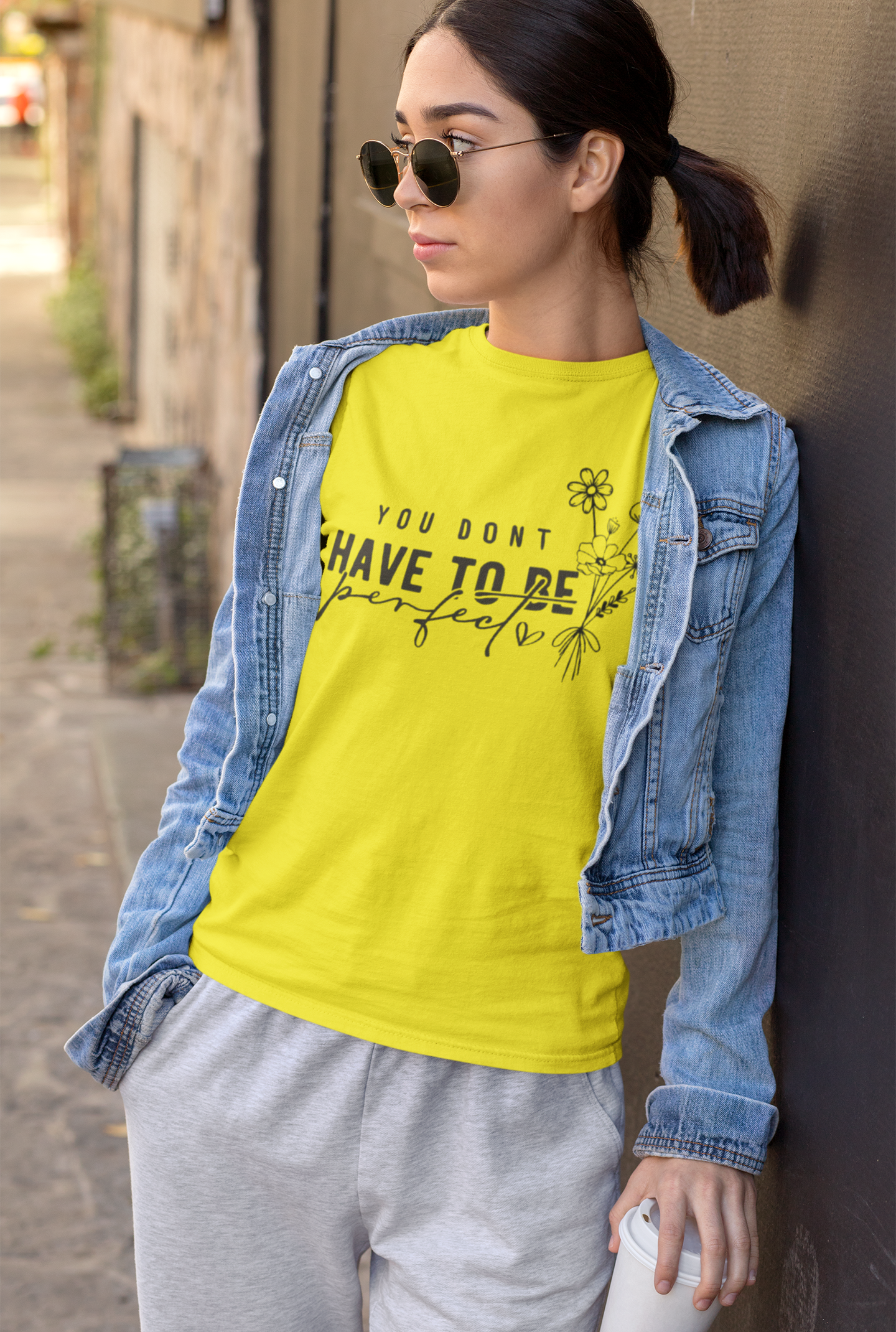 White Inspirational Quote T-Shirt – “You Don’t Have To Be Perfect” Floral Print Tee