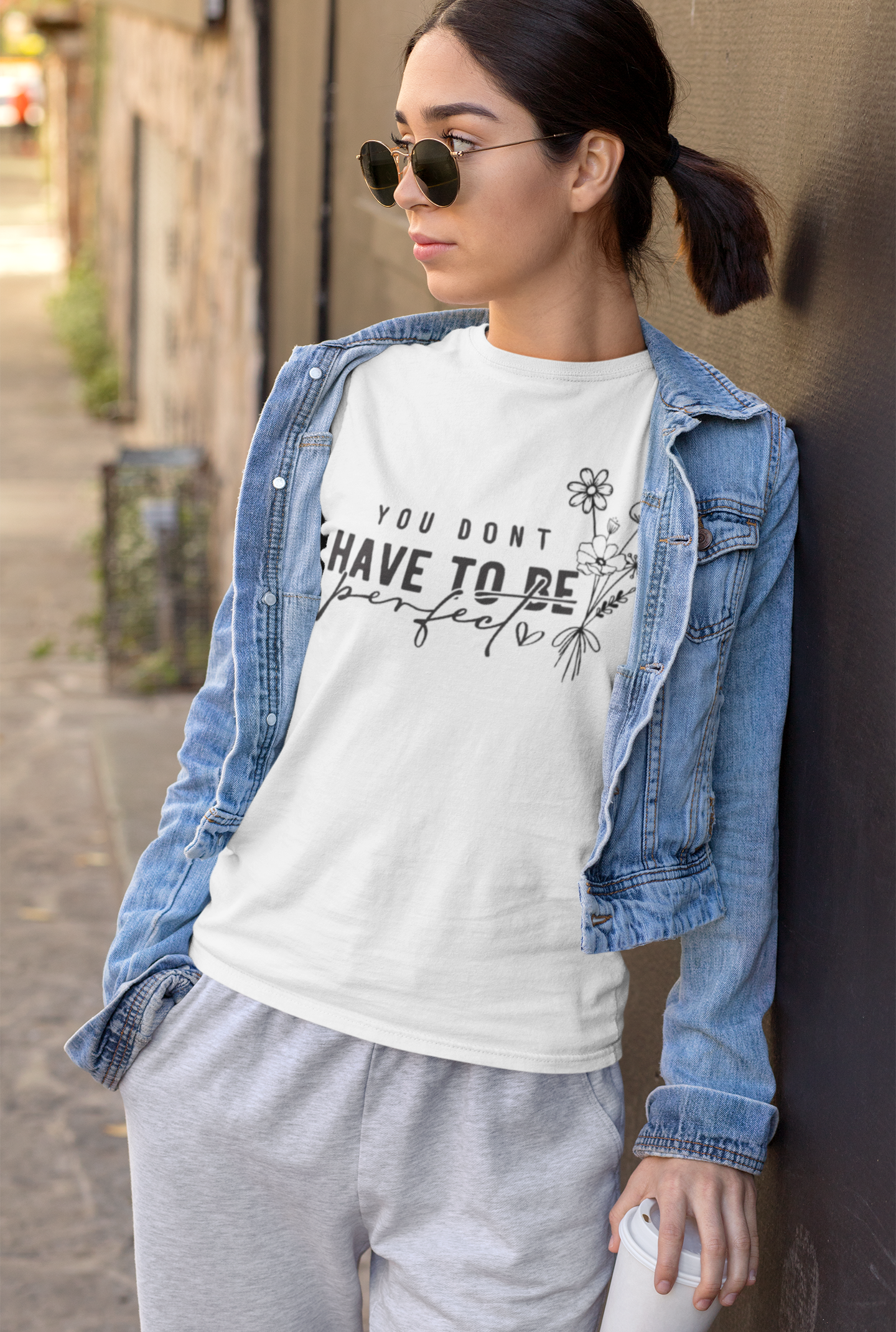 White Inspirational Quote T-Shirt – “You Don’t Have To Be Perfect” Floral Print Tee