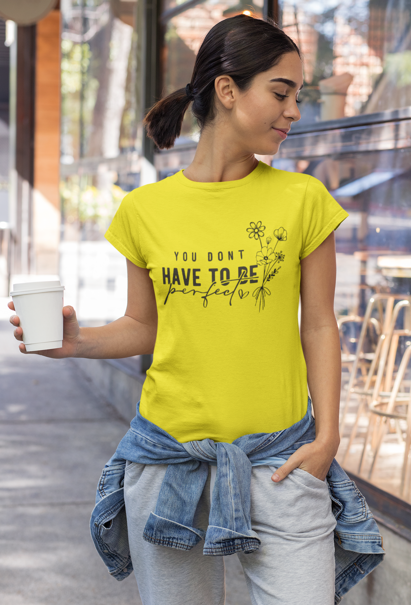 White Inspirational Quote T-Shirt – “You Don’t Have To Be Perfect” Floral Print Tee