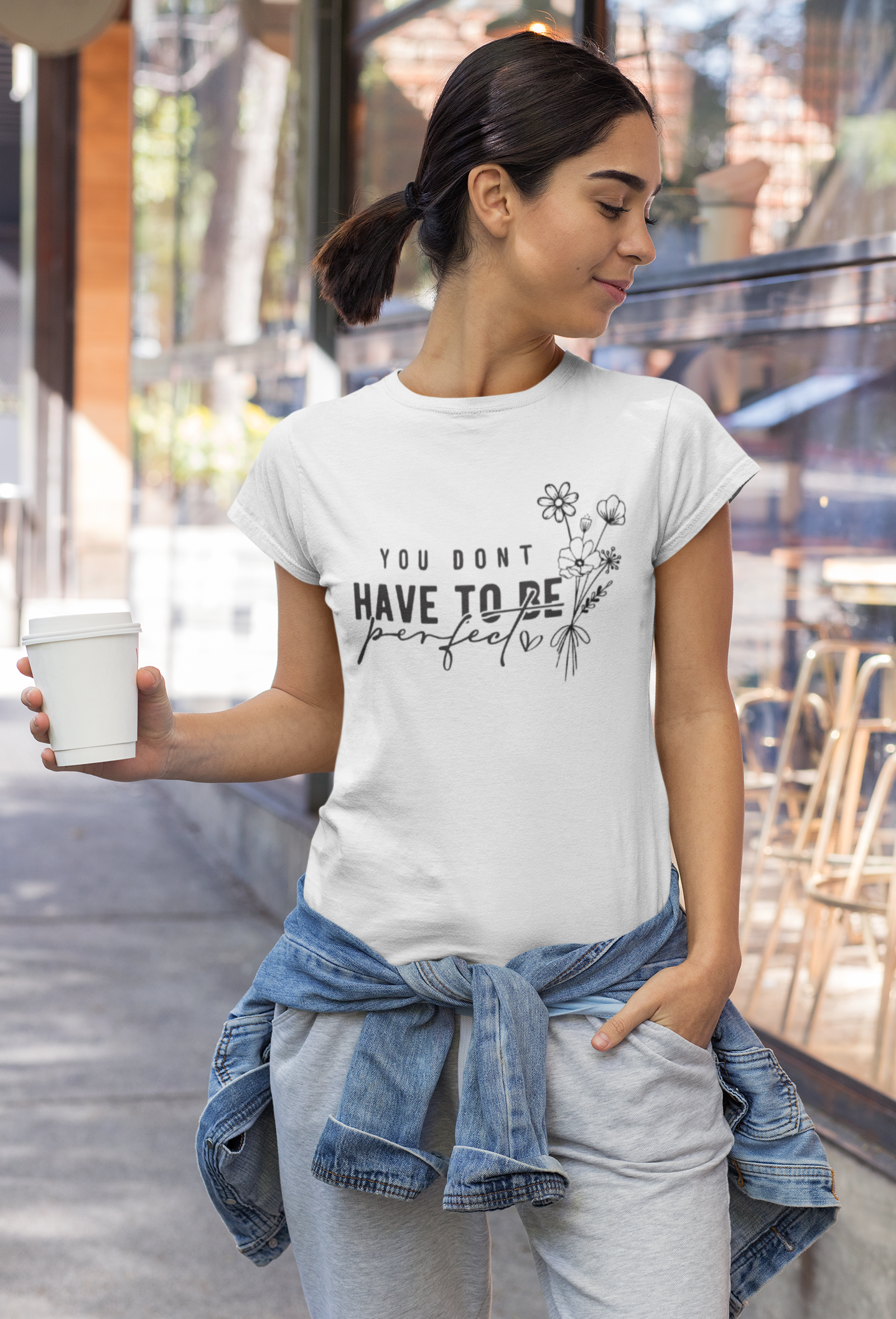 White Inspirational Quote T-Shirt – “You Don’t Have To Be Perfect” Floral Print Tee