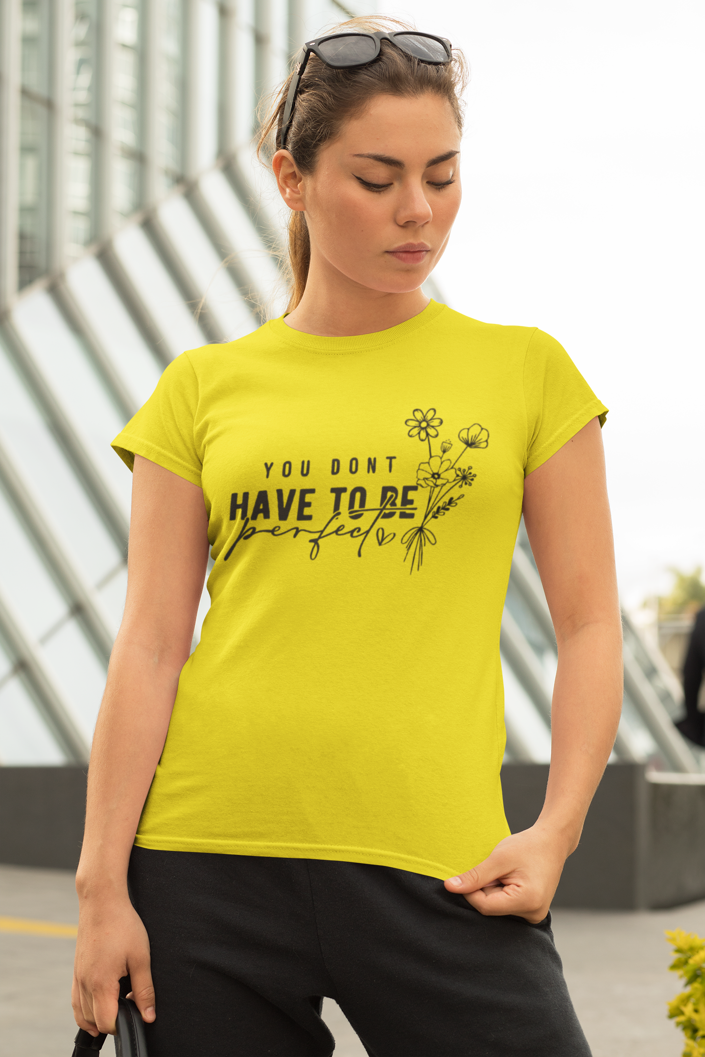 White Inspirational Quote T-Shirt – “You Don’t Have To Be Perfect” Floral Print Tee