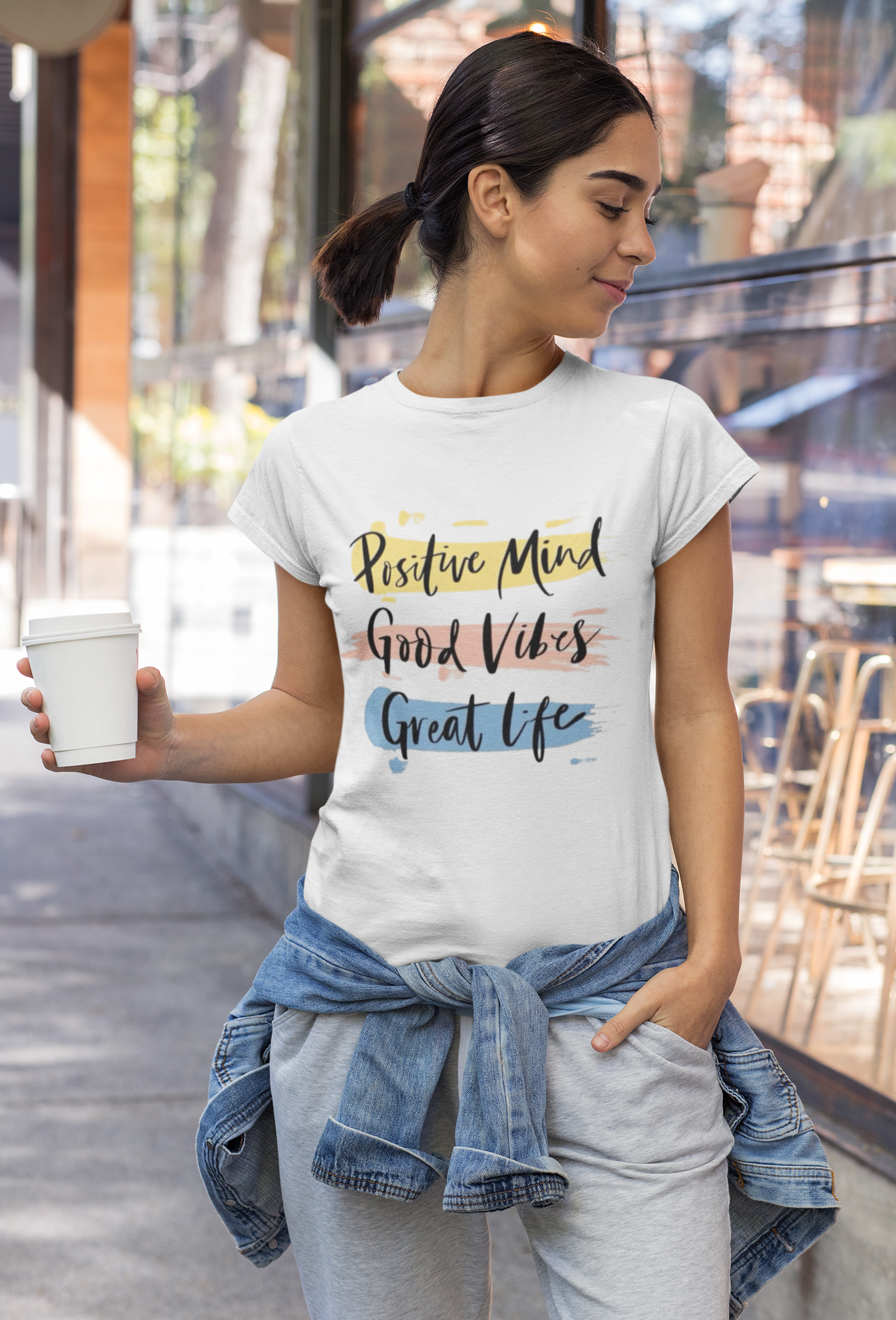 White Graphic Printed T-Shirt – “Positive Mind, Vibes, Life” Quote Tee
