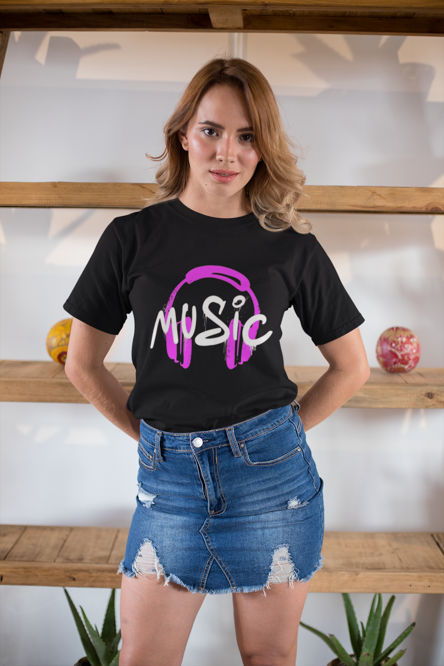Black Graphic Music T-Shirt – Pink Headphones Print for Music Lovers