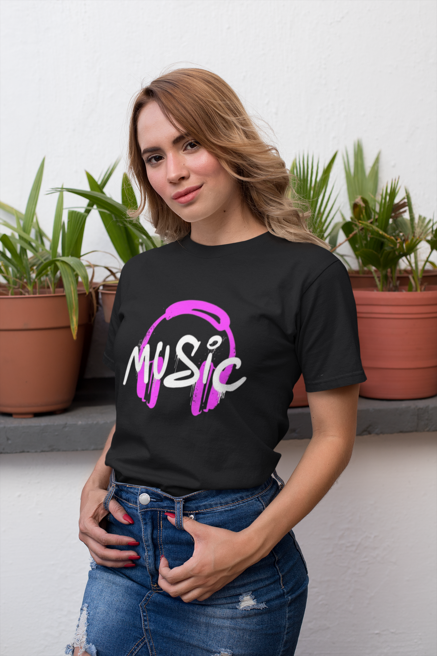 Black Graphic Music T-Shirt – Pink Headphones Print for Music Lovers
